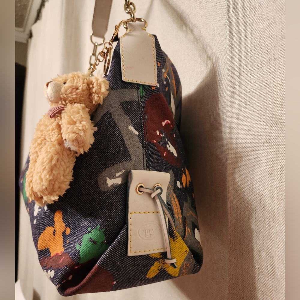 Dooney And Bourke -Vintage Denim Splatter Paint Chain And Leather Strap Bag - Picture 4 of 16